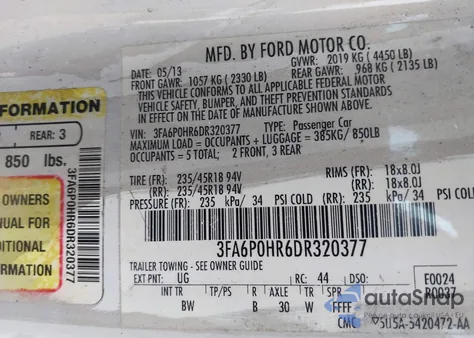 2013 Ford Fusion Se из США, поврежденный, VIN 3FA6P0HR6DR320377